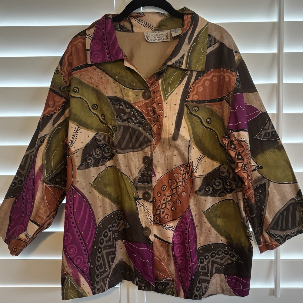 Life Style Womens Jacket 2X Vintage Leaves Beaded Button Front Artsy Boho Hippie